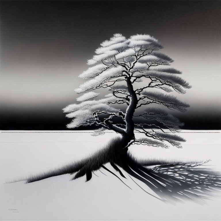 Monochromatic artwork of snow-covered tree on gradient background