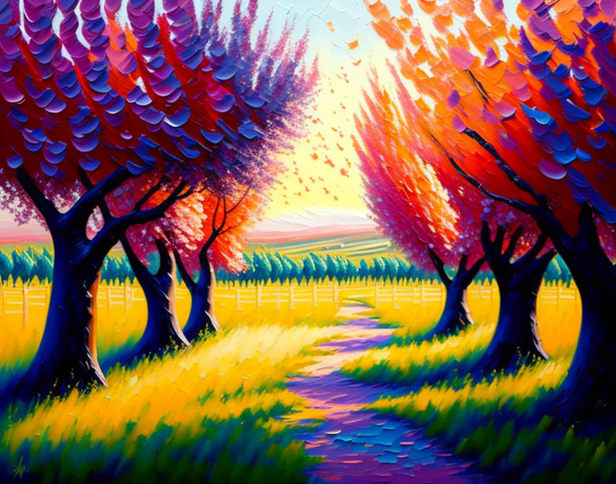 Colorful impressionistic painting of tree-lined pathway with purple and red leaves, yellow field, and sunset