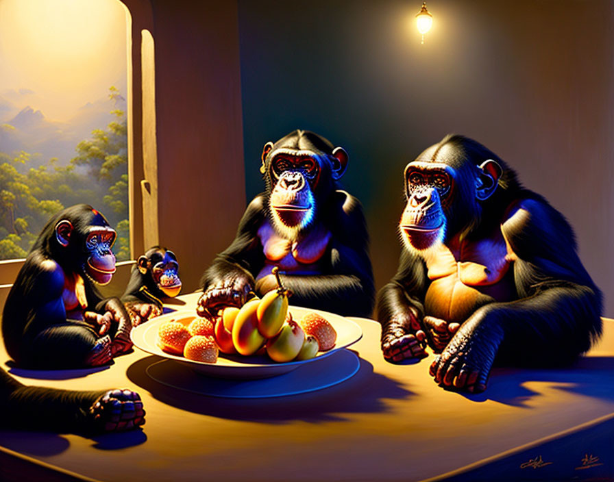 Four animated chimpanzees at table with fruit in jungle setting