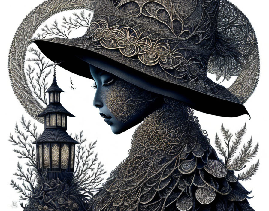 Monochromatic illustration of woman with ornate hat and collar