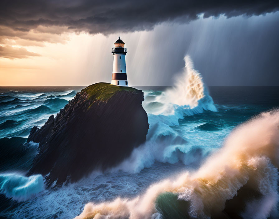 Dramatic lighthouse scene on rugged cliff with crashing waves