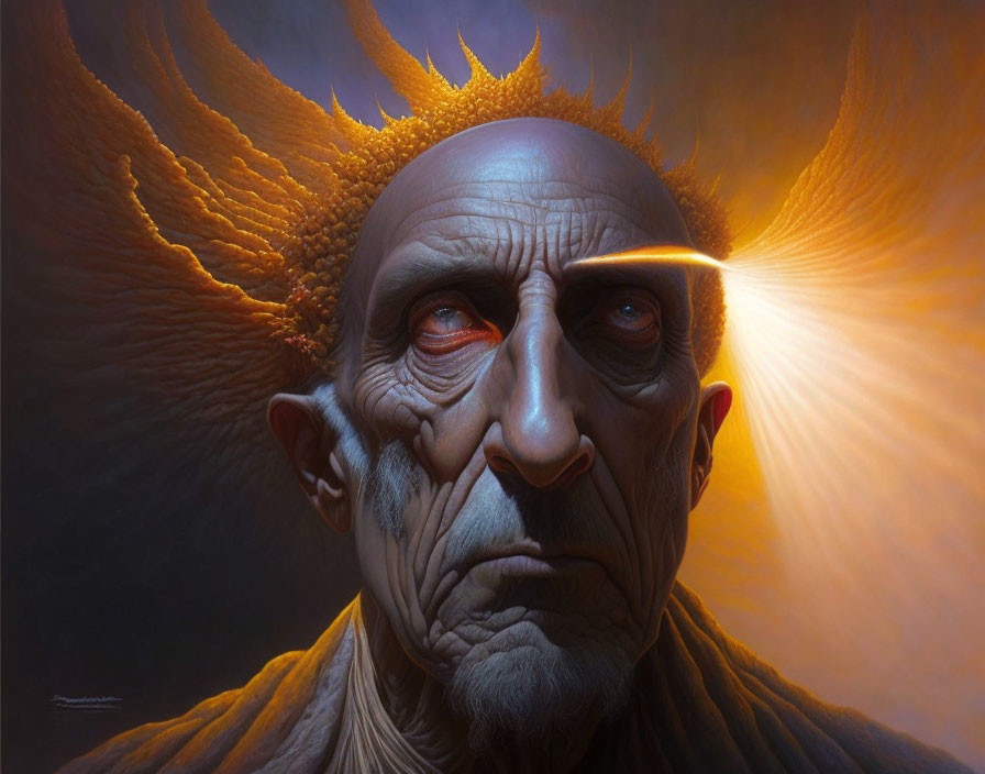 Elderly man with sun rays and glowing eye portrait