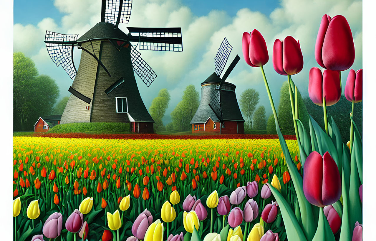 Colorful Dutch landscape with windmills, tulip field, and blue sky