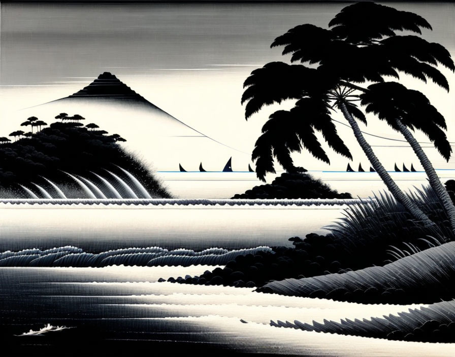 Monochromatic seascape with mountains, sailboats, palm trees, and layered waves in Japanese style