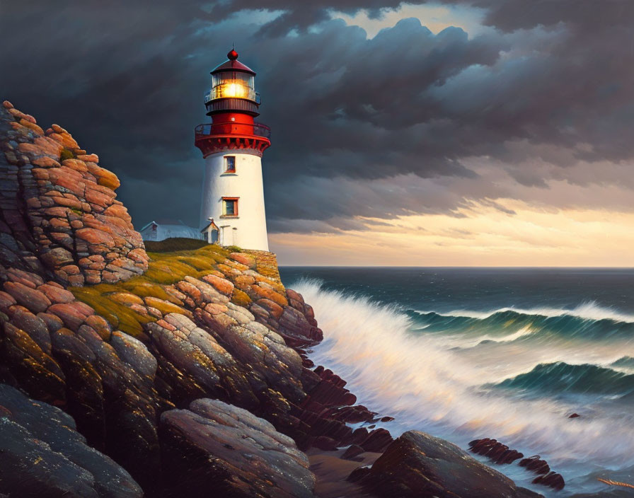 Dramatic lighthouse on rugged cliffs with crashing waves