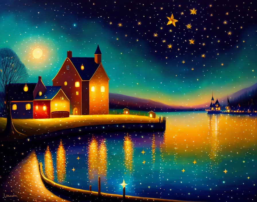 Scenic starry night sky over tranquil lakeside