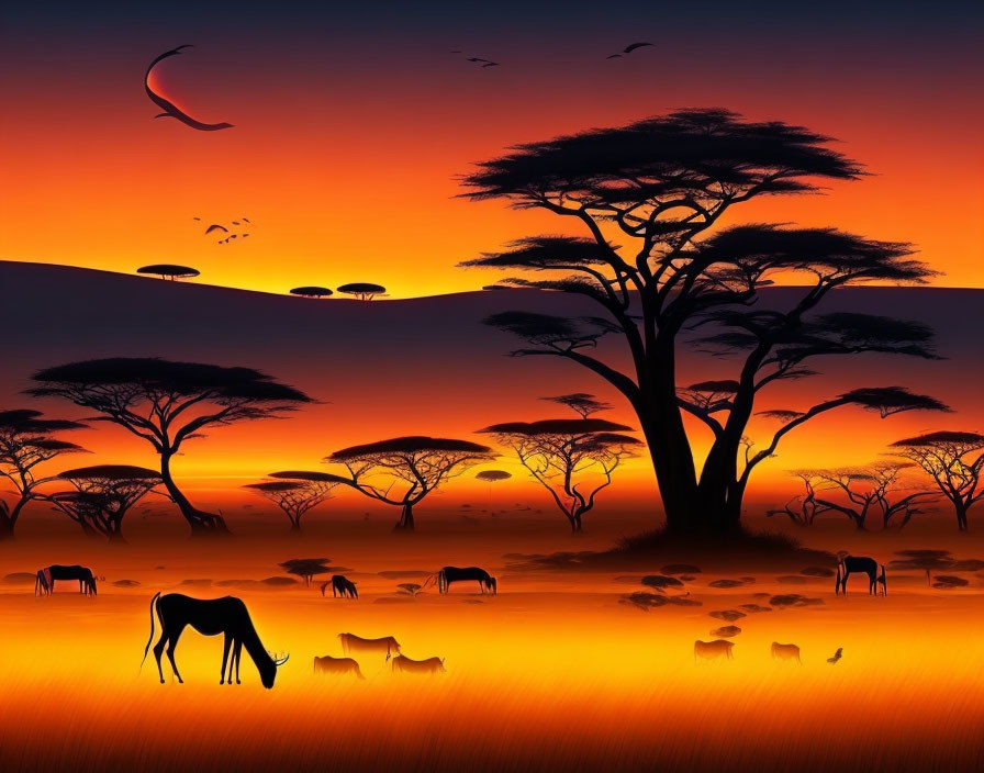 African wildlife silhouettes in vibrant sunset safari scenery