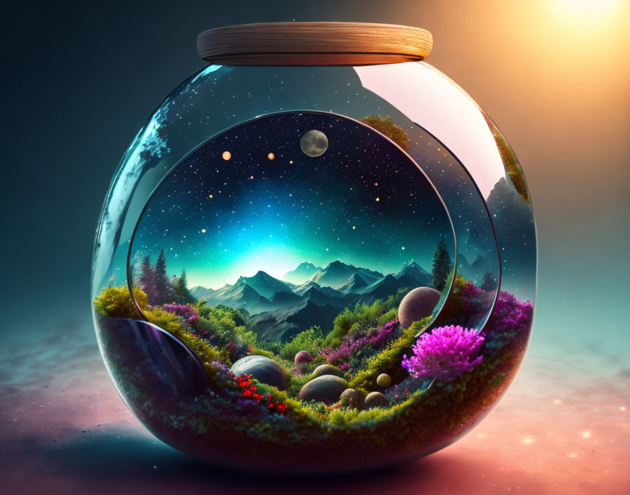 Surreal fishbowl with miniature mountain landscape, night sky, and sunset glow