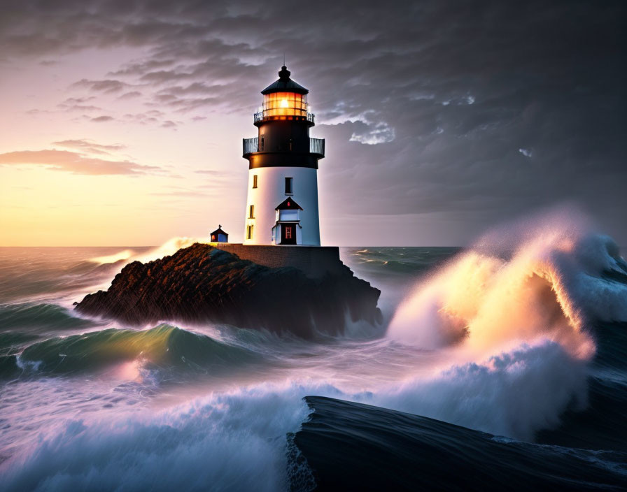 Lighthouse on rocky outcrop in turbulent seas at dusk