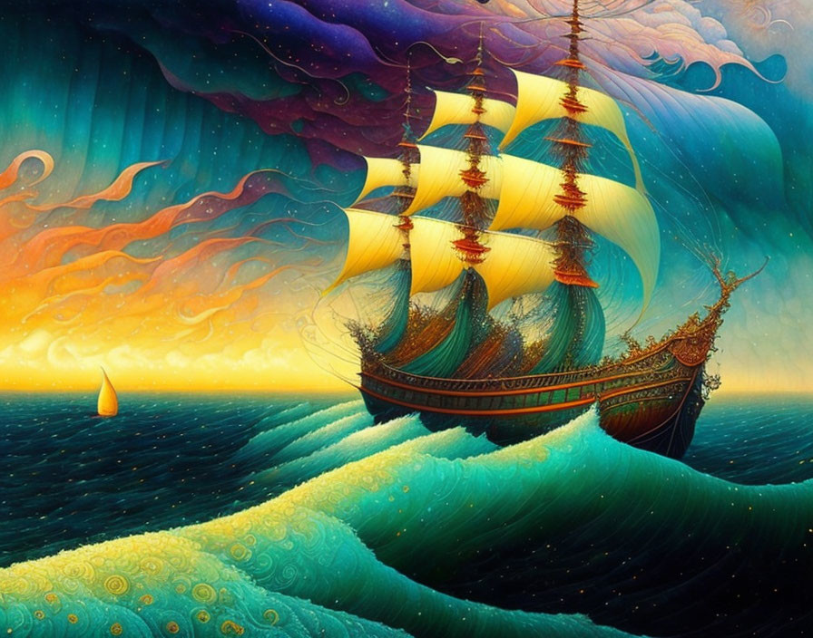 Stylized painting of grand sailing ship on teal waves under starry sky