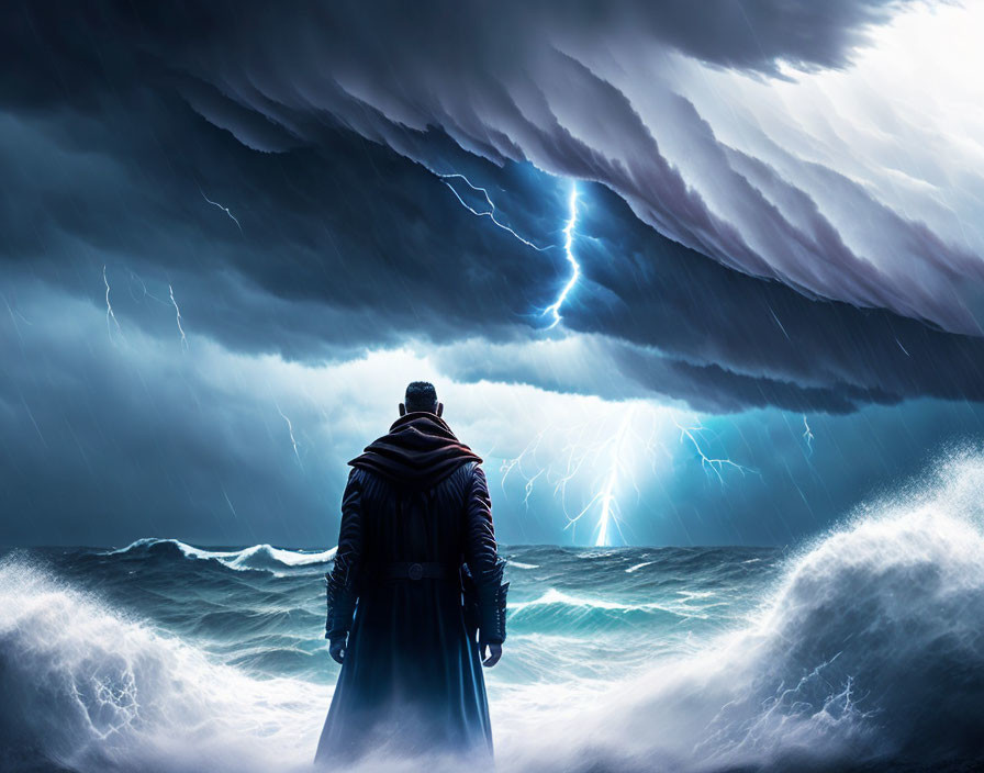 Solitary figure facing tumultuous ocean under menacing storm