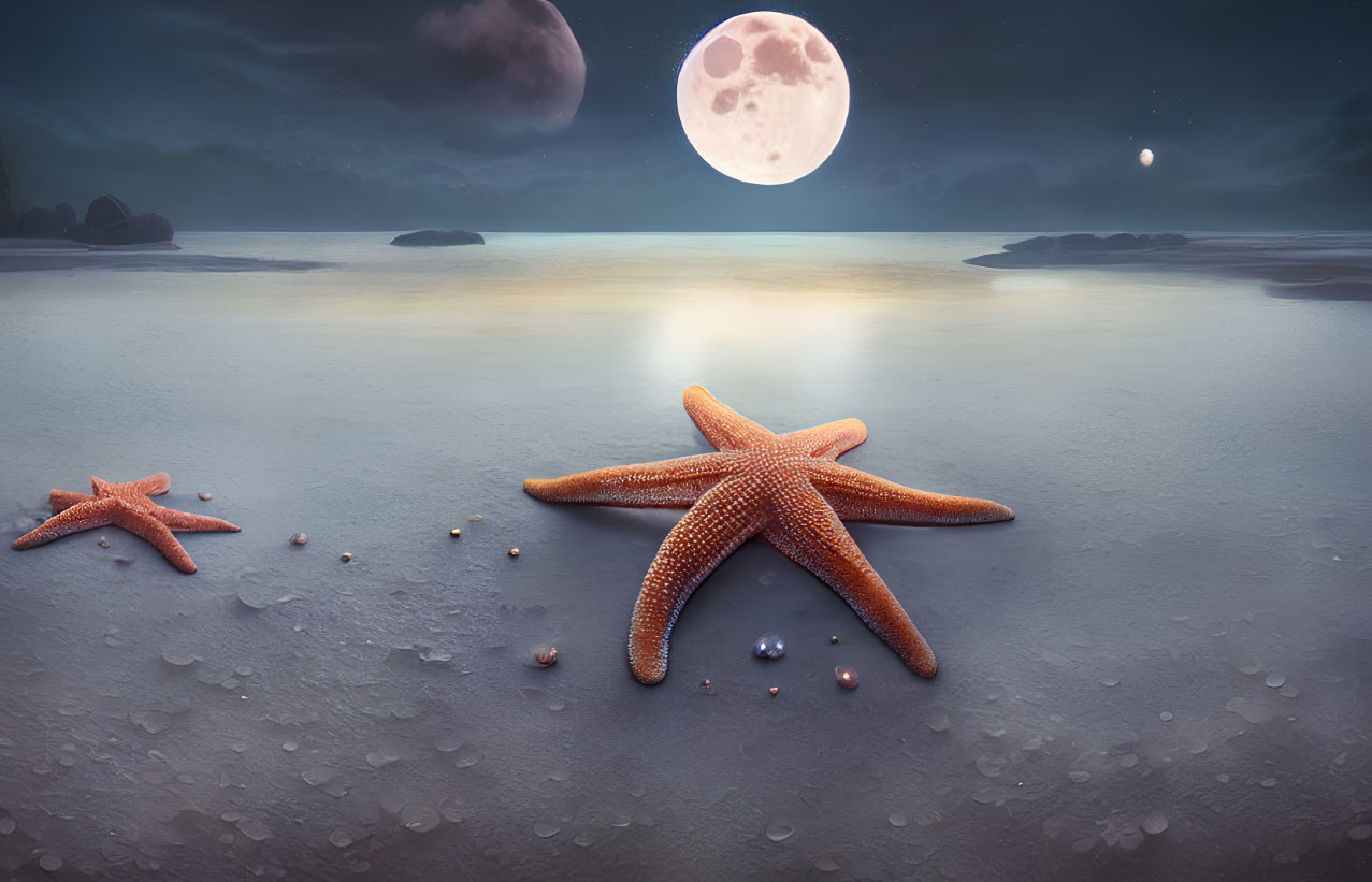 Moonlit beach scene with starfish, pebbles, and large moon in the sky