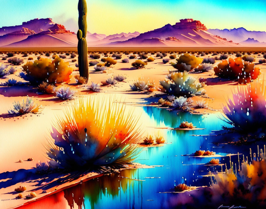 Colorful Watercolor Desert Landscape with Cactus and Mountains