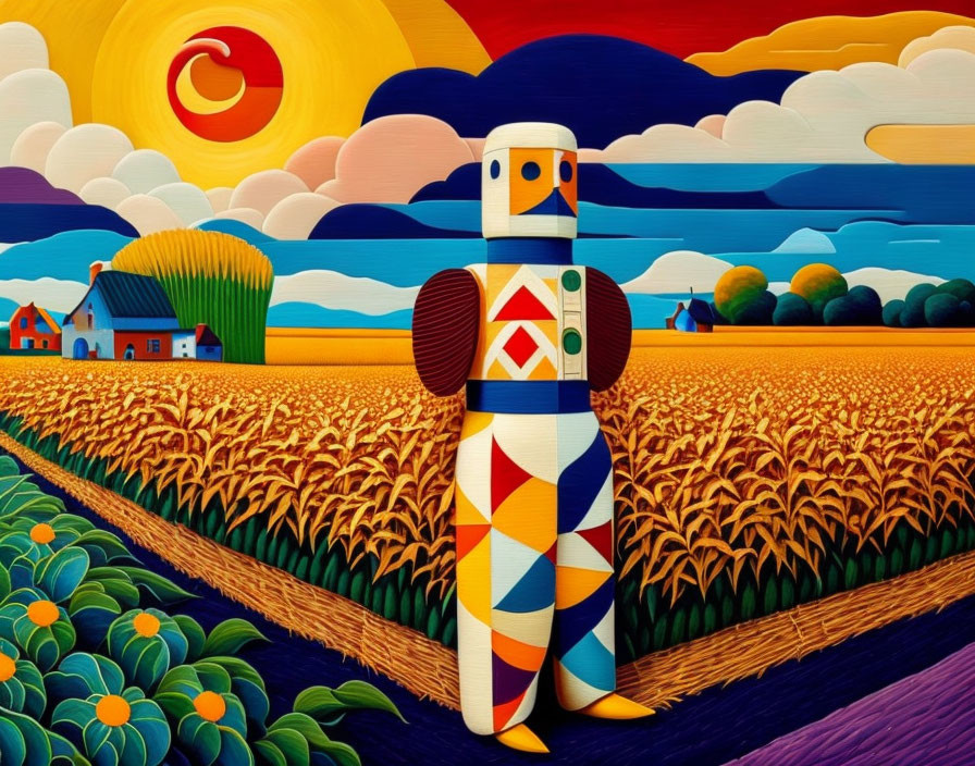 Colorful Stylized Painting: Patterned Figure in Vibrant Farmland under Sunset Sky