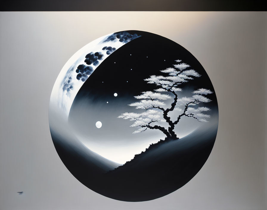 Circular night scene art with tree silhouette, stars, moon, and clouds.