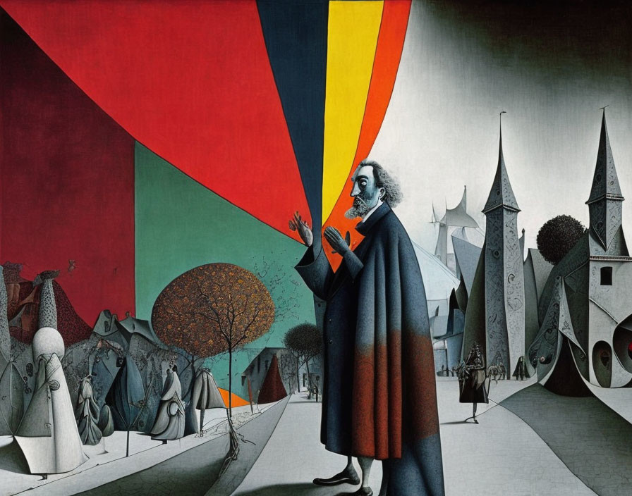 Surreal painting features man in cape with geometric shapes and whimsical figures.