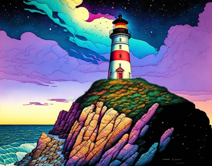 Colorful dusk scene with lighthouse, moon, stars, and sea waves.