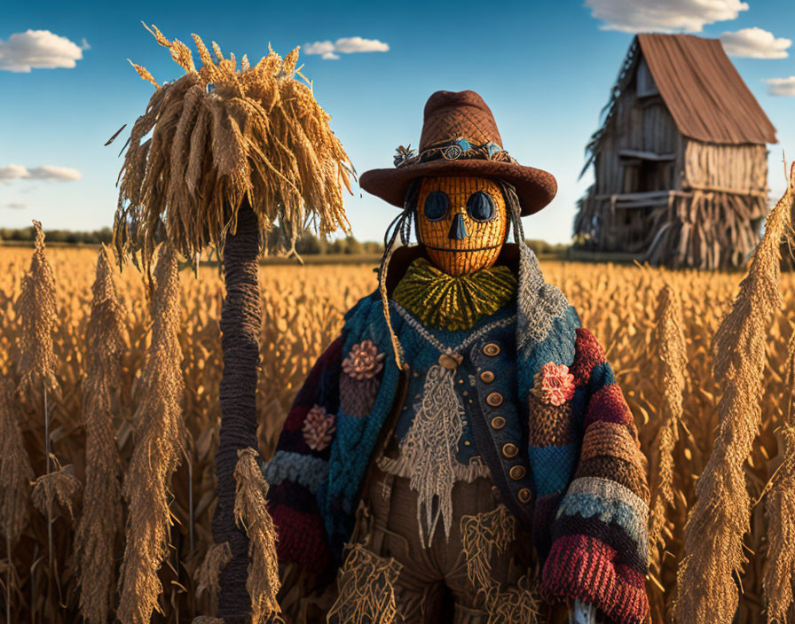 Colorful scarecrow in wheat field with pumpkin head and rustic barn.