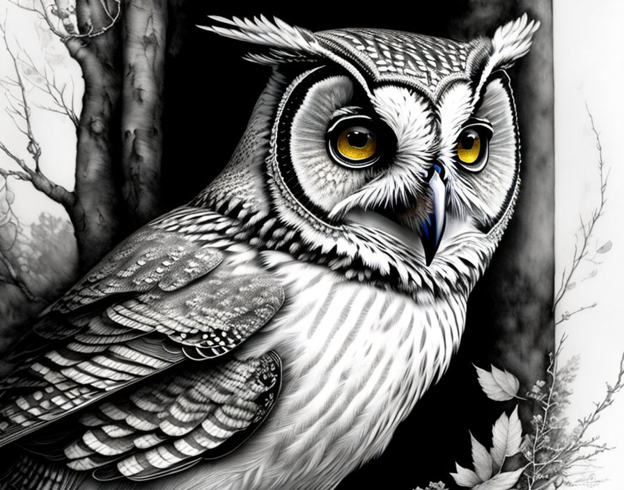 Detailed Owl Illustration with Yellow Eyes Perched on Branch