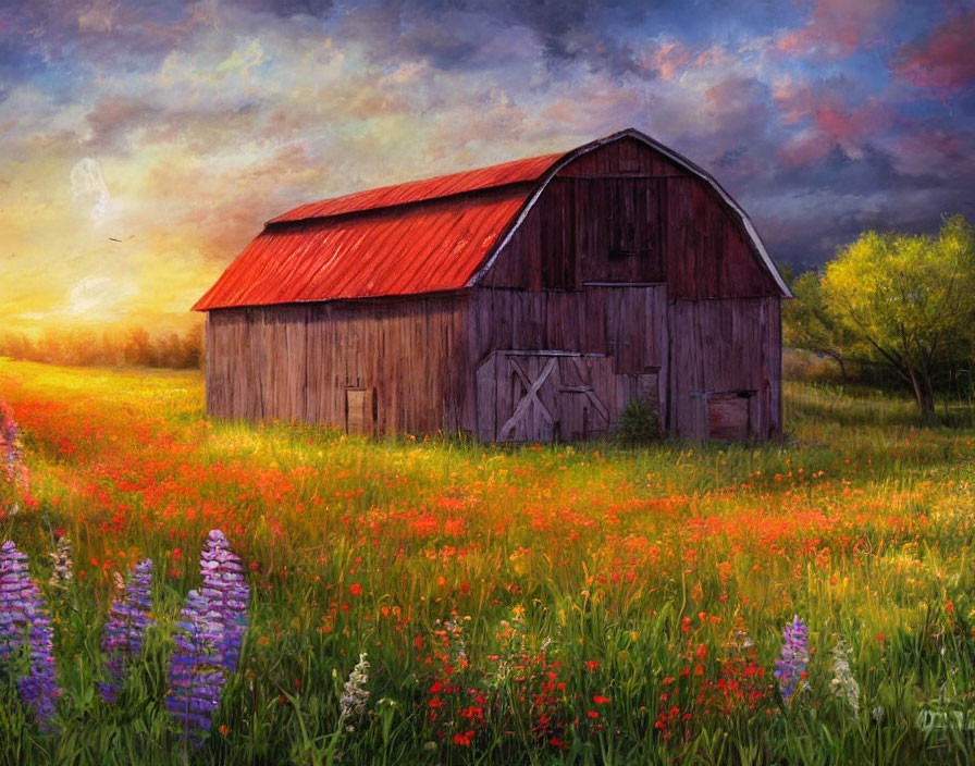 Rustic barn in vibrant wildflower meadow at sunset