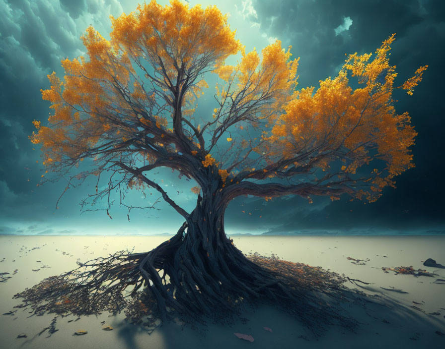 Majestic tree with vibrant yellow foliage under stormy sky