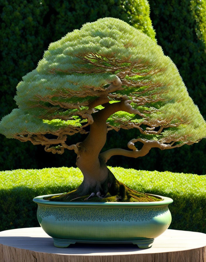 Gnarled trunk bonsai tree with cloud-shaped canopy in decorative pot