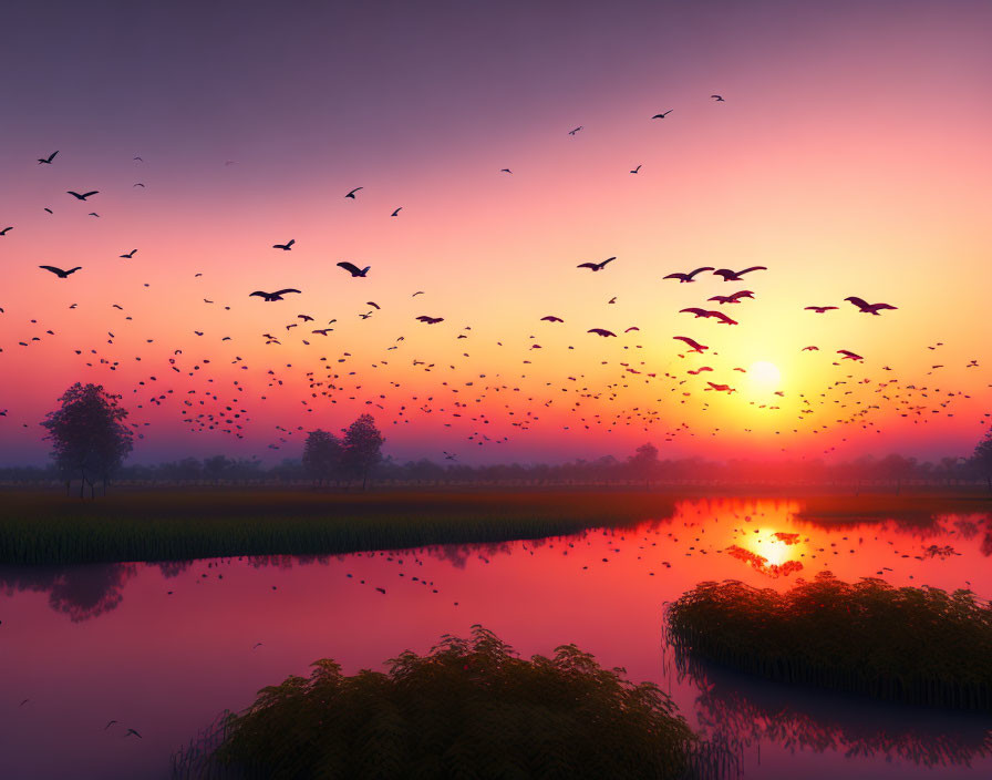 Scenic sunset: vibrant purple and orange hues, serene lake, flying birds, scattered trees