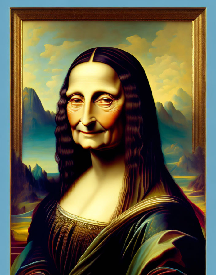 Digital Mona Lisa with Exaggerated Features and Vibrant Colors