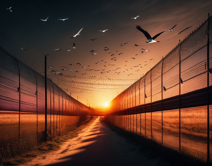 Scenic sunset with bird silhouettes over fenced pathway