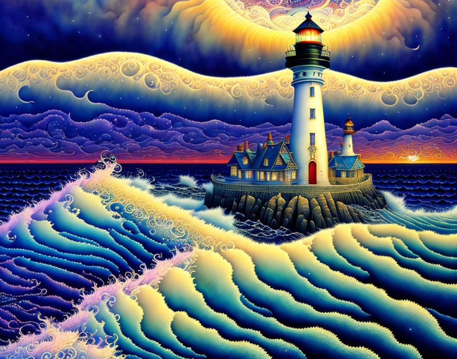 Vibrant painting of lighthouse on rocky outcrop with swirling skies