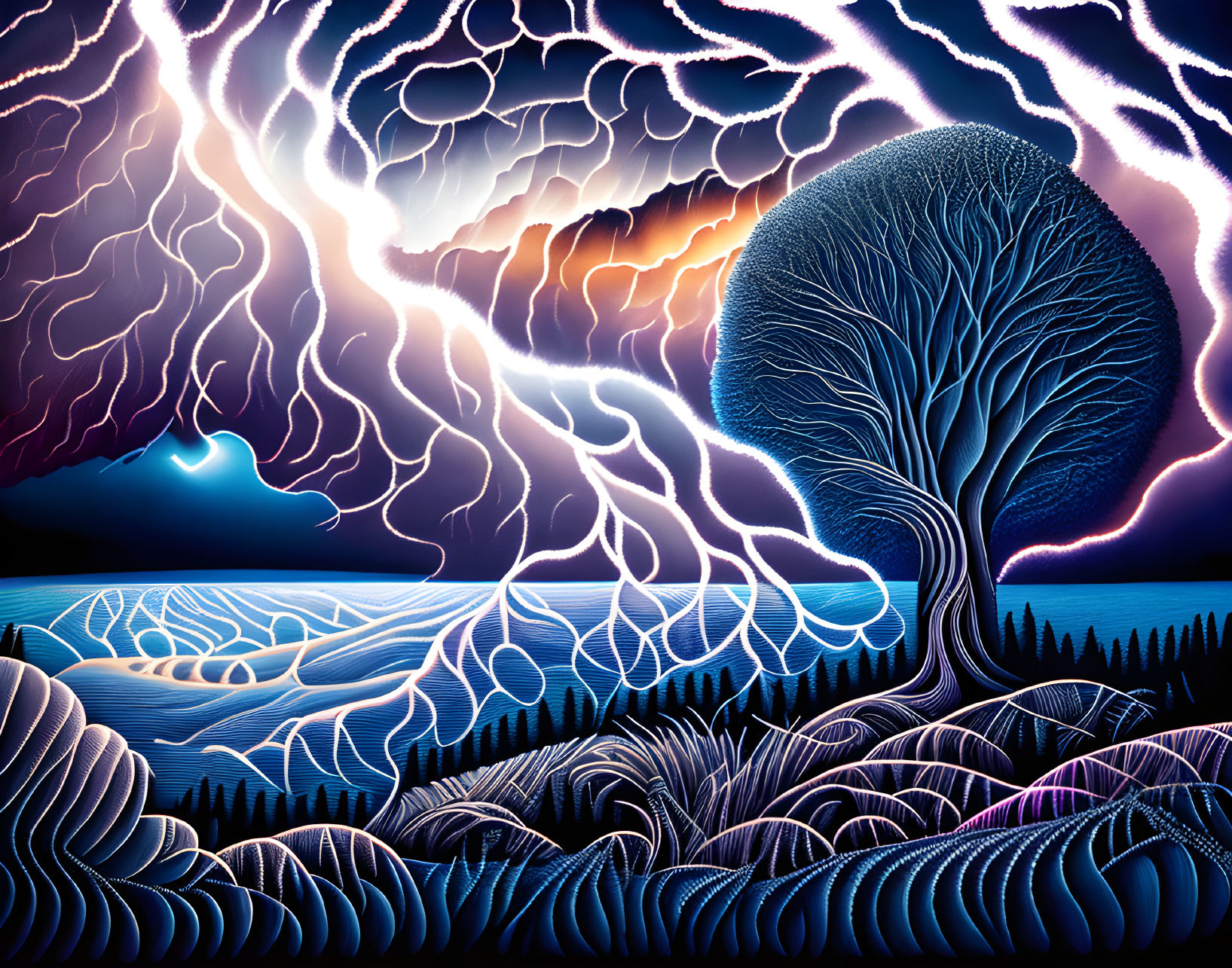 Colorful digital artwork: Stylized tree, lightning, water, and sky.