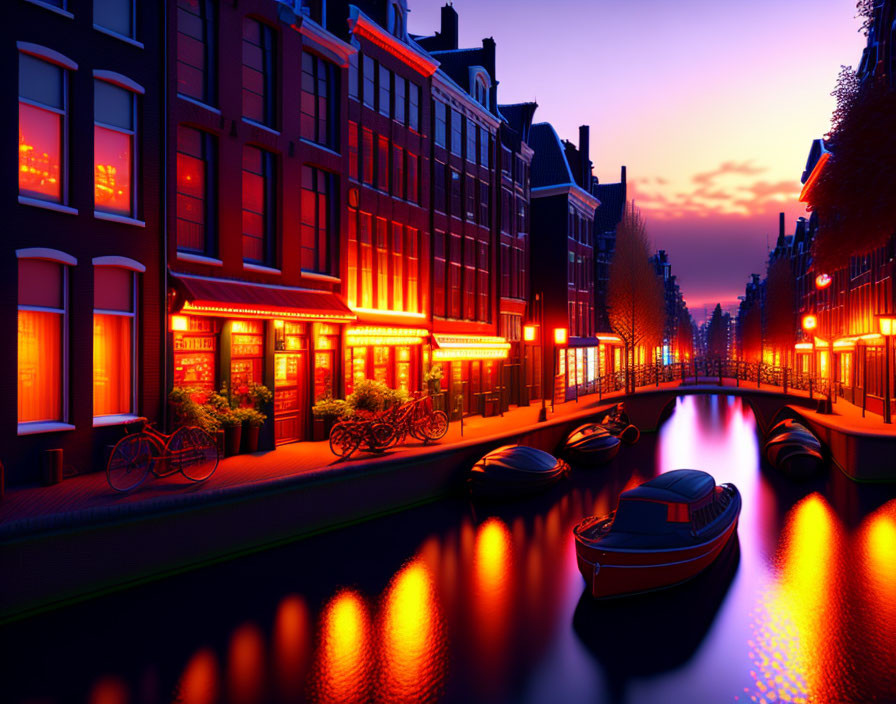 Calm Amsterdam canal at twilight with illuminated buildings, bicycles, and moored boats