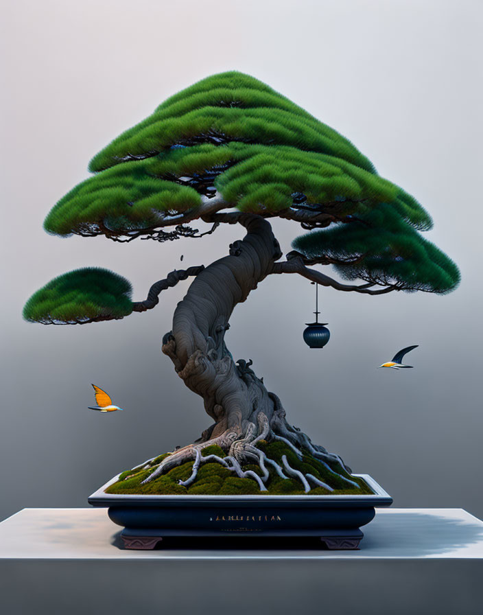 Stylized digital art: Exaggerated bonsai tree with lush green canopy, intricate trunk,