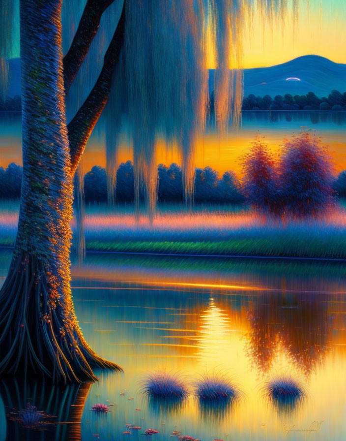 Scenic landscape painting: weeping willow by lake at sunset