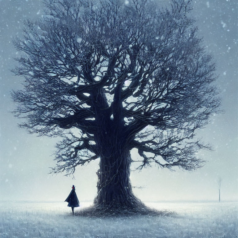 Solitary figure in red cloak by leafless tree in snowy landscape