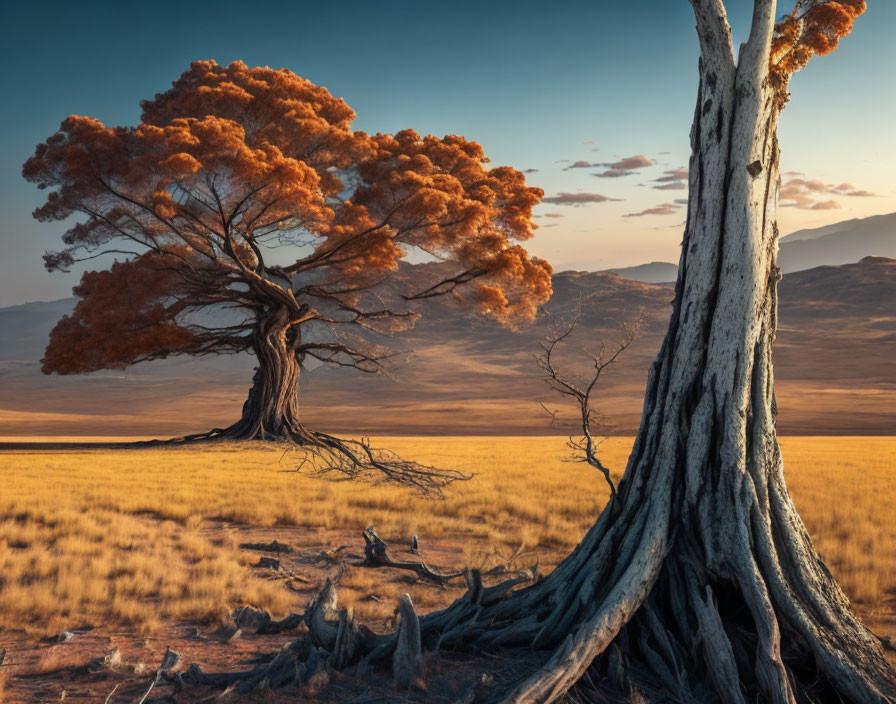 Vibrant tree with fiery canopy next to bare tree in golden grassland