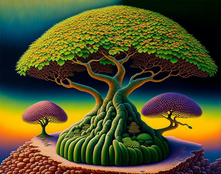 Colorful surreal artwork: Large tree, vibrant landscape