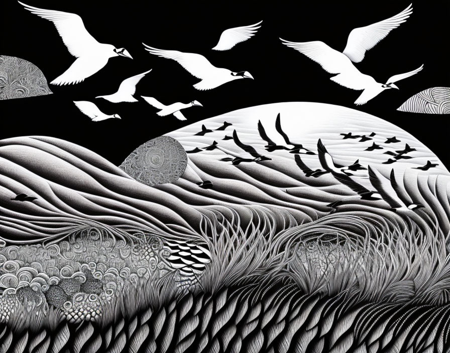 White Birds Flying Over Stylized Black and White Landscape