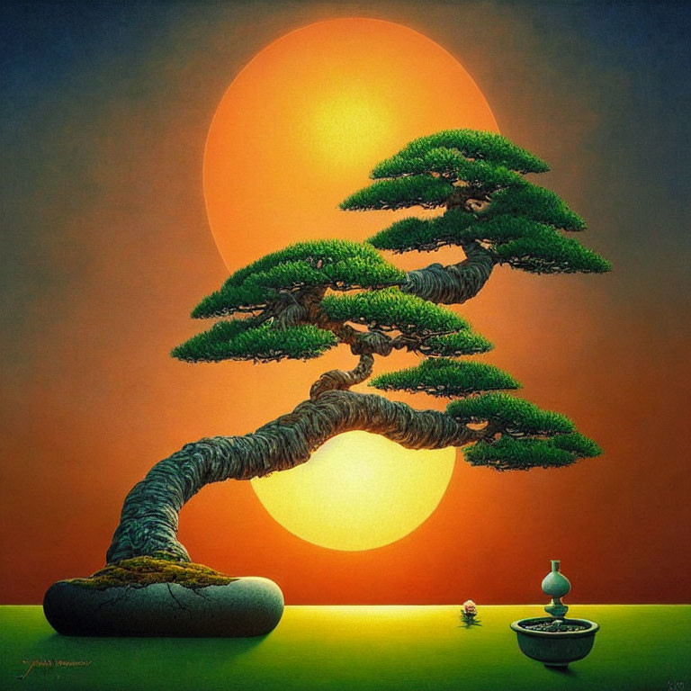 Stylized bonsai tree with lush green foliage on orange backdrop with figurine and bowl