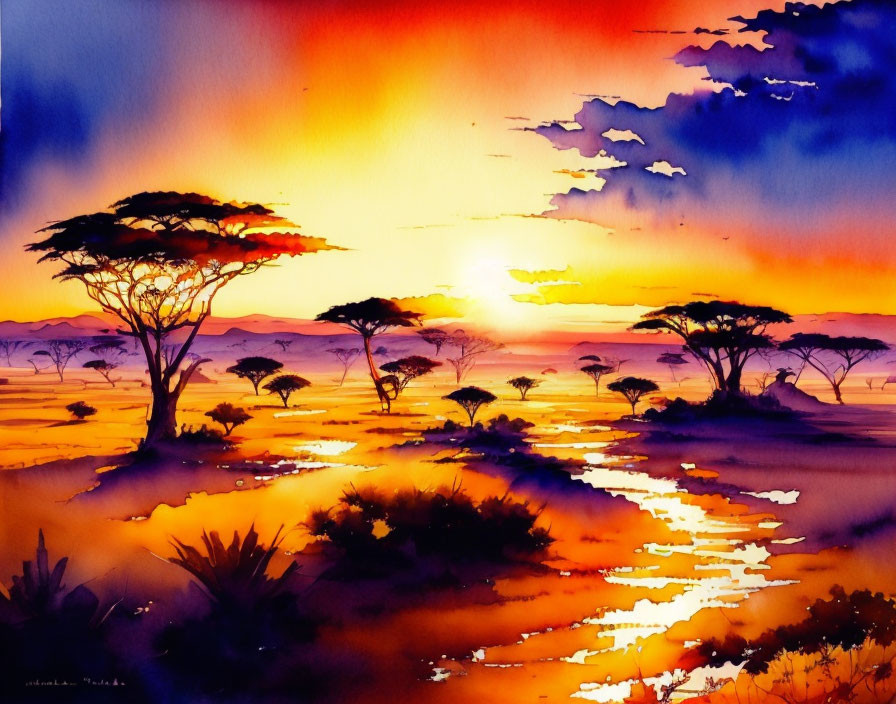 African savanna sunset watercolor painting with golden sky and river.