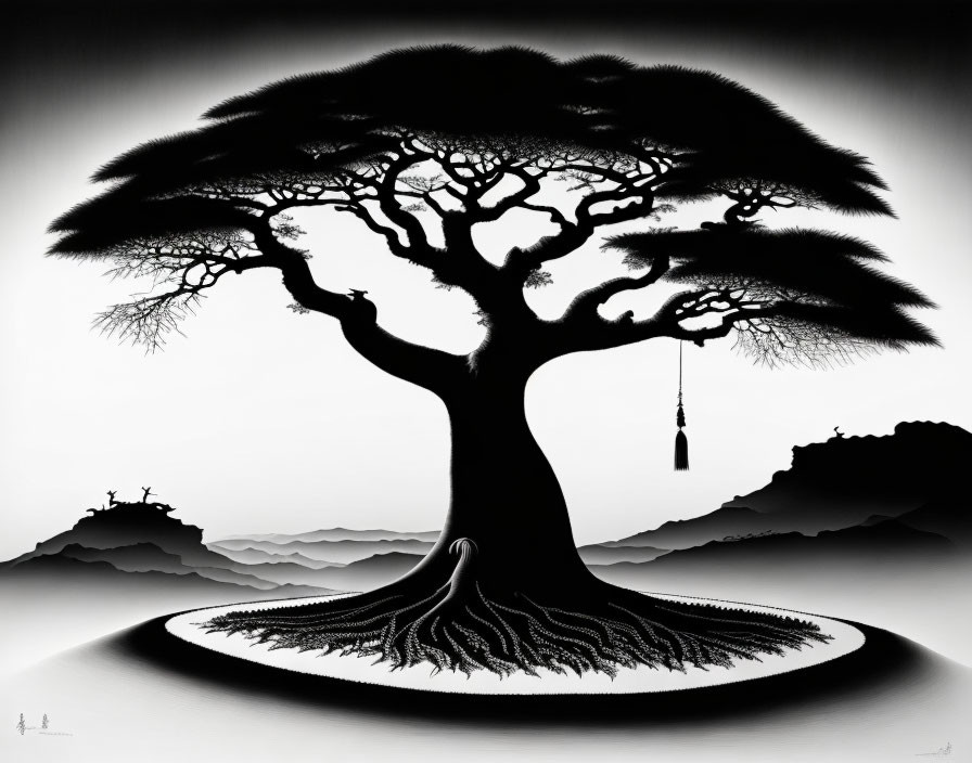 Monochrome artwork of a tree with swing against rolling hills