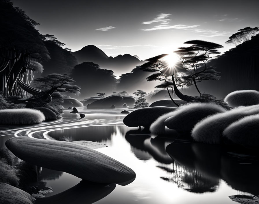 Serene monochrome landscape with mountains, sun, river, stones, and trees