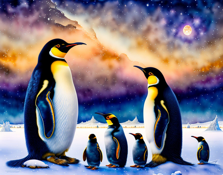 Five Penguins Under Starry Sky with Aurora Borealis and Full Moon