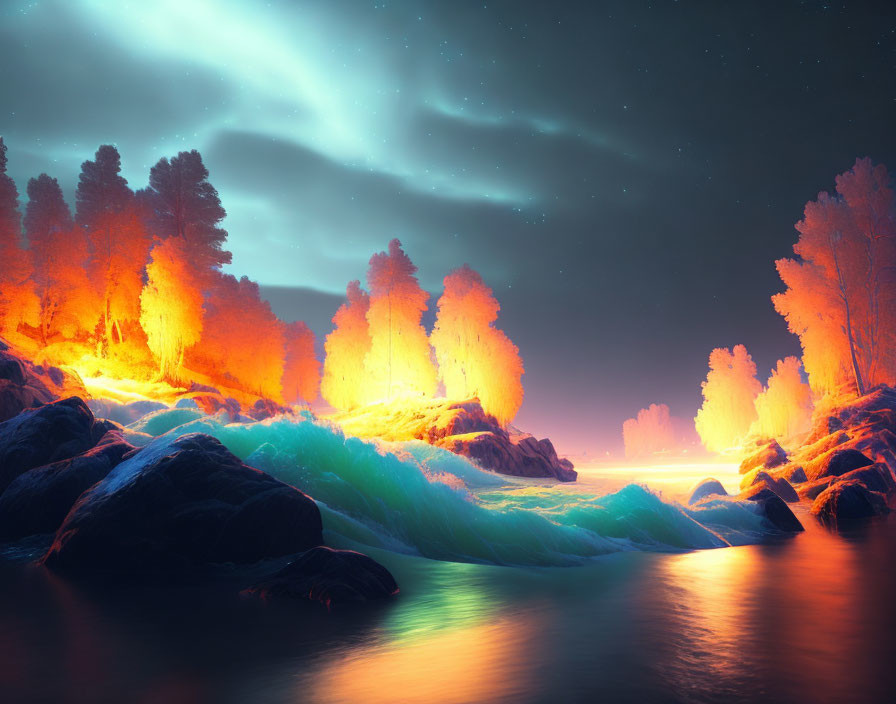 Night Sky: Illuminated Trees on Rocky Outcrops Amidst Glowing Turquoise Waves