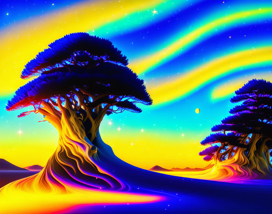 Surreal digital art: Vibrant trees on alien landscape