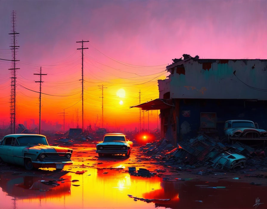 Digital art of post-apocalyptic scene with abandoned cars, buildings, and power lines under pink and orange