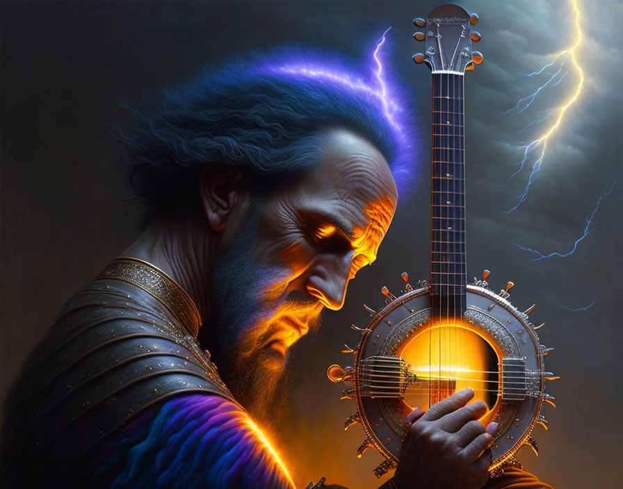 Mystical figure holding radiant guitar with lightning background.