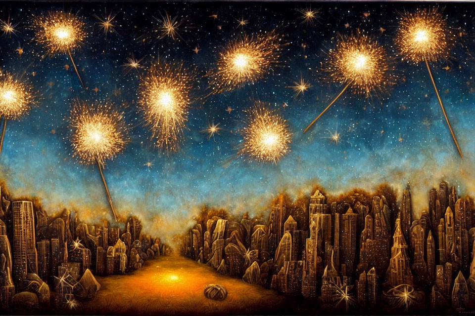 Nighttime cityscape painting with fireworks and star-filled sky above warmly lit streets