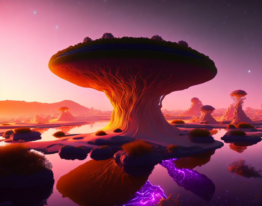 Fantastical landscape with giant mushroom structures by serene water at dusk