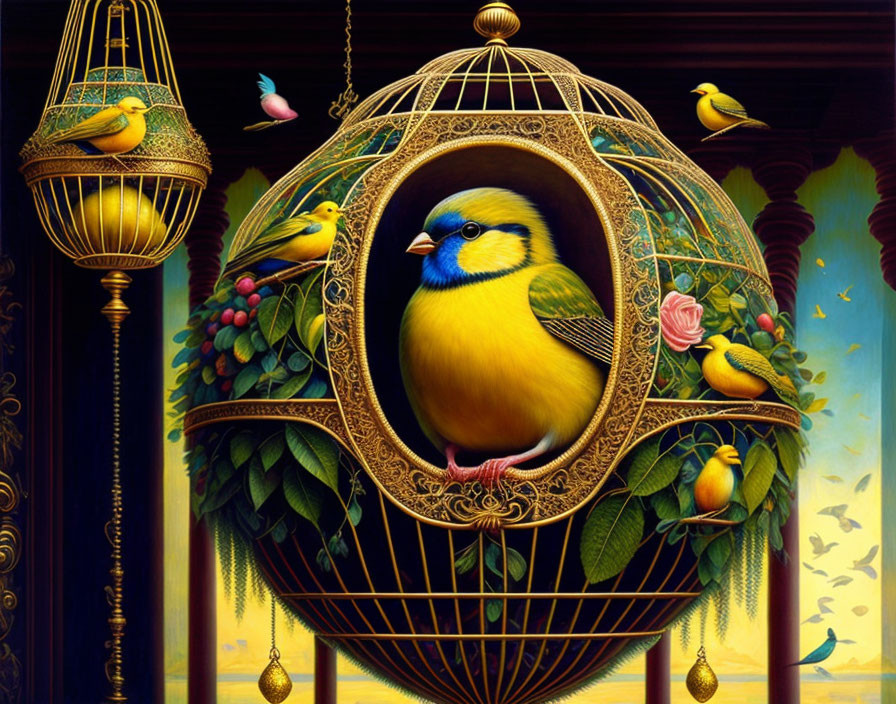 Detailed Illustration of Yellow Bird in Golden Cage Surrounded by Green Foliage